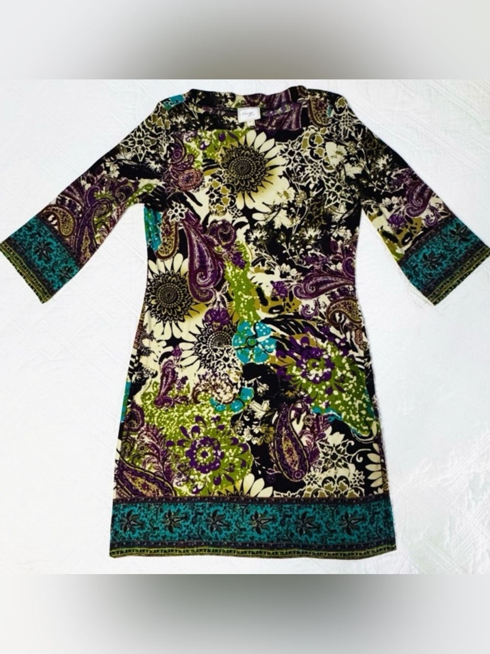 Beige by ECI  Floral Shift Dress Size 8 Black Green Teal Purple Boho